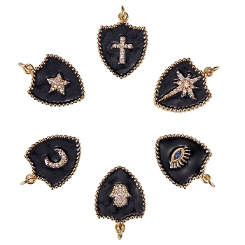 6Pcs 6 Styles Real 18K Gold Plated Brass Micro Pave Clear Cubic Zirconia Enamel Pendants, Long-Lasting Plated, with Jump Rings, Shield, Black, 1pc/style