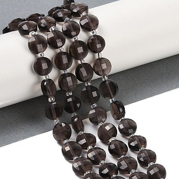 Natural Ice Obsidian Beads Strands, Faceted, Flat Round, with Seed Beads, 9.5~10x5~6mm, Hole: 1mm, about 32~34pcs/strand, 15.75~14.96''(38~40cm)