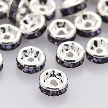 Brass Rhinestone Spacer Beads, Grade AAA, Straight Flange, Nickel Free, Silver Color Plated, Rondelle, Tanzanite, 4x2mm, Hole: 0.8mm