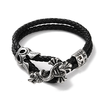 Men's Braided Black PU Leather Cord Multi-Strand Bracelets, Snake 304 Stainless Steel Link Bracelets with Magnetic Clasps, Antique Silver, 9-1/2 inch(24.1cm)