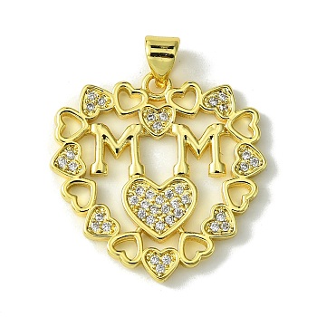 Mother's Day Brass Micro Pave Cubic Zirconia Pendants, Heart with Word Mom, Real 18K Gold Plated, 25x25x2mm, Hole: 5x3.5mm