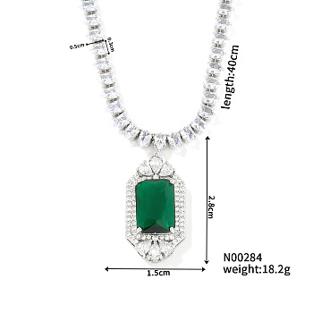 Luxury Hip-hop Style Brass Cubic Zirconia Rectangle Pendant Necklace, Green, 15.75 inch(40cm)