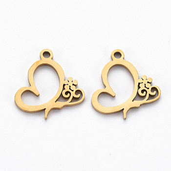 Ion Plating(IP) 201 Stainless Steel Charms, Cut, Heart with Flower, Golden, 14x13x1mm, Hole: 1.2mm