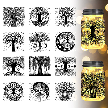 12 Style Silhouette Paper, for Lighting Decoration, Paper Cut Light Box, Rectangle, Tree of Life Pattern, 90x100mm, 12pcs/set