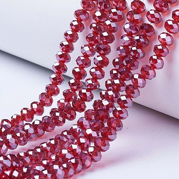 Electroplate Glass Beads Strands, Pearl Luster Plated, Faceted, Rondelle, FireBrick, 10x8mm, Hole: 1mm, about 63~65pcs/strand, 49~50cm