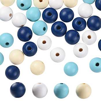 160 Pcs 4 Colors Summer Ocean Marine Style Painted Natural Wood Round Beads, with Waterproof Vacuum Packing, for DIY Crafts, Marine Blue & Light Sky Blue & Old Lace & White, 16mm, Hole: 4mm, 40pcs/color