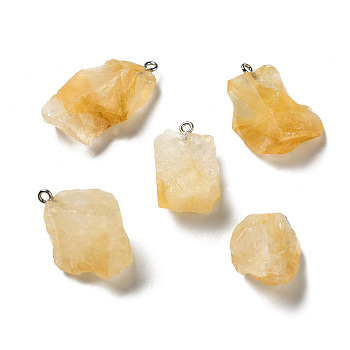Raw Rough Natural Citrine Pendants, Nuggets Charms, with Platinum Plated Iron Loops, 21~34.5x15~25.5x10~17mm, Hole: 2mm