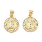 Brass Micro Pave Clear Cubic Zirconia Pendants, Flat Round with Virgin Mary Charms, Real 16K Gold Plated, 15.5x13x2.5mm, Hole: 5x4mm(CU-CBAFB88-02G)