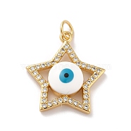 Rack Plating Brass Micro Pave Cubic Zirconia Pendants, with Enamel, Real 18K Gold Plated, Long-Lasting Plated, Lead Free & Cadmium Free, Star with Evil Eye, White, 21x19x4.5mm, Jump Ring: 5x0.7mm, 3.6mm Inner Diameter(KK-E281-24G)