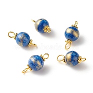 Natural Mashan Jade Connector Charms, with Golden Plated Alloy and Brass Findings, Dyed, Round, Medium Blue, 17.5x8mm, Hole: 1.6~2.8mm(PALLOY-JF01232-01)