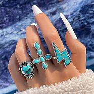 3Pcs 3 Style Synthetic Turquoise Ring Sets for Women, Alloy Stackable Rings, Mixed Shapes, Cross, Inner Diameter: 15~18mm, 1Pc/style(PW-WG14783-03)