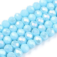 Electroplate Glass Beads Strands, Opaque Solid Color, AB Color Plated, Faceted, Rondelle, Light Sky Blue, 4x3mm, Hole: 0.4mm, about 113~115pcs/strand, 41~42cm(EGLA-A034-P4mm-B14)