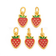 20Pcs Rack Plating Alloy Enamel Charms, with Jump Rings, Cadmium Free & Nickel Free & Lead Free, Matte Gold Color, Strawberry, Red, 13x8x2mm, Jump Ring: 6x1mm, 3.5mm inner diameter(ENAM-SZ0003-08)