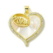 Mother's Day Real 18K Gold Plated Brass Micro Pave Clear Cubic Zirconia Pendants, with Shell, Real 18K Gold Plated, Heart, 28x28x3.5mm, Hole: 3.5x4.5mm(KK-H472-13G-03)