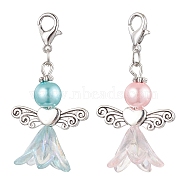 2Pcs 2 Colors Wedding Season Angel Glass Pearl & Acrylic Pendant Decorations, Zinc Alloy Lobster Claw Clasps Charms for Bag Key Chain Ornaments, Mixed Color, 45mm, Pendant: 31x23.5x16mm, 1pc/color(HJEW-JM01922-01)