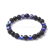 8mm Round Natural Black Onyx(Dyed & Heated) & Lava Rock & Evil Eye Handmade Lampwork Beaded Stretch Bracelets for Women Men, Inner Diameter: 2 inch(5cm)(BJEW-TA00518)