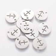 304 Stainless Steel Charms, Flat Round with Constellation/Zodiac Sign, Sagittarius, 12x1mm, Hole: 1.5mm(STAS-Q201-T095-9)