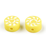 Handmade Polymer Clay Beads, Flat Round with Heart & Sun, Yellow, 9~10x5mm, Hole: 1.6mm(CLAY-T019-15B)