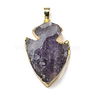 Natural Amethyst Pendants, Arrow Charms with Golden Tone Brass Findings, Cadmium Free & Lead Free, 32.5x20.5~23.5x9~9.5mm, Hole: 8x5mm(G-M405-01G)
