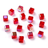 Electroplate Transparent Glass Beads, Faceted Cube, Rainbow Plated, Red, 6x6x6mm, Hole: 1.8mm(EGLA-B003-01A-07)