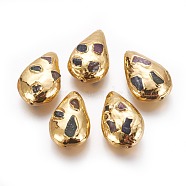 Natural Black Fossil Beads, with Golden Plated Brass Findings, teardrop, 28~30x19~23x11mm, Hole: 0.8mm(KK-F802-09)