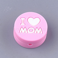 Mother's Day Theme, Food Grade Eco-Friendly Silicone Focal Beads, Chewing Beads For Teethers, DIY Nursing Necklaces Making, Flat Round with Word I Love Mom, Hot Pink, 20x9.5mm, Hole: 2mm(SIL-S003-02C)