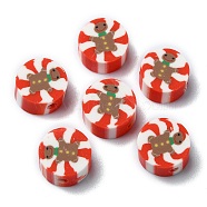 Christmas Theme Handmade Polymer Clay Beads, Flat Round with Gingerbread Man, Camel, 9x4.5mm, Hole: 1.8mm(CLAY-M005-06)