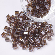 6/0 Glass Seed Beads, Transparent Colours Luster, Square Hole, Cube, Saddle Brown, 6/0, 3~5x3~4x3~4mm, Hole: 1.2~1.4mm, about 4500pcs/bag(SEED-S027-05B-02)