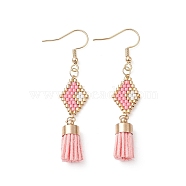 Seed Beaded Rhombus with Tassel Dangle Earrings, 304 Stainless Steel Jewelry, Pink, 55mm(EJEW-MZ00080-01)