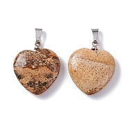 Natural Picture Jasper Pendants, Heart, with Brass Findings, Platinum, 22~23x20~20.5x6~7.5mm, Hole: 5x8mm(G-G956-B26-FF)