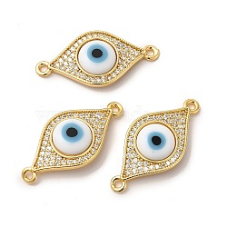 Rack Plating Real 18K Gold Plated Brass Micro Pave Clear Cubic Zirconia Connector Charms, Evil Eye Links with Handmade Lampwork, Cadmium Free & Lead Free, Long-Lasting, White, 13x27x4mm, Hole: 1.5mm(ZIRC-L102-02G-05)