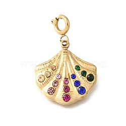 Shell 304 Stainless Steel Colorful Rhinestone Pendant Decorations, with Spring Ring Clasps, Ion Plating(IP), Real 18K Gold Plated, 24.5mm(STAS-H202-31G)