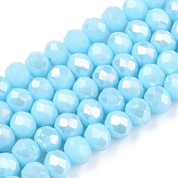 Electroplate Glass Beads Strands, Opaque Solid Color, AB Color Plated, Faceted, Rondelle, Light Sky Blue, 4x3mm, Hole: 0.4mm, about 130pcs/strand, 16.54 inch(42cm)(EGLA-A034-P4mm-B14)