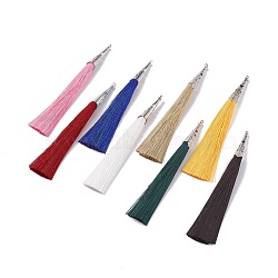 (Defective Closeout Sale: Metal Oxidation) Polyester Tassel Big Pendant Decorations, with Alloy Finding, Platinum, Mixed Color, 130x10x9mm, Hole: 1.5mm(FIND-XCP0001-79)