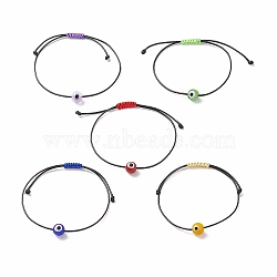 5Pcs 5 Colors Lampwork Round Evil Eye Braided Bead Bracelets Set for Women, Mixed Color, Inner Diameter: 3/8~2-7/8 inch(1~7.4cm), 1Pc/color(BJEW-JB08787)
