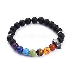 Chakra Jewelry, Natural Lava Rock Stretch Bracelets, with Gemstone Beads, Skull Brass Micro Pave Cubic Zirconia Beads and Brass Spacer Beads, Inner Diameter: 2-1/8 inch(5.3cm)(BJEW-JB05246-01)
