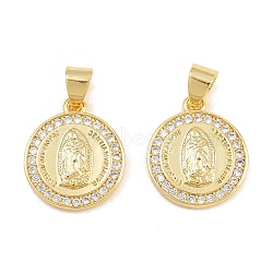 Brass Micro Pave Clear Cubic Zirconia Pendants, Flat Round with Virgin Mary Charms, Real 16K Gold Plated, 15.5x13x2.5mm, Hole: 5x4mm(CU-CBAFB88-02G)