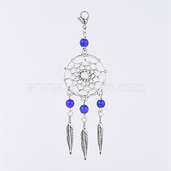 Alloy Big Pendants, with Cat Eye Beads and 304 Stainless Steel Lobster Claw Clasps, Woven Net/Web with Feather, Dark Blue, 95mm(HJEW-JM00364-03)
