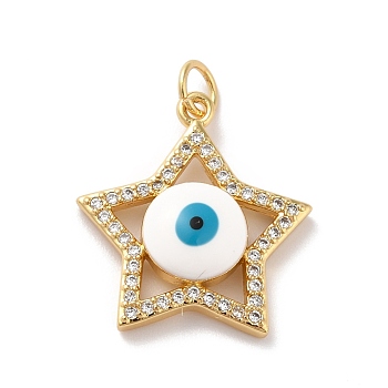 Rack Plating Brass Micro Pave Cubic Zirconia Pendants, with Enamel, Real 18K Gold Plated, Long-Lasting Plated, Lead Free & Cadmium Free, Star with Evil Eye, White, 21x19x4.5mm, Jump Ring: 5x0.7mm, 3.6mm Inner Diameter