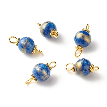 Natural Mashan Jade Connector Charms, with Golden Plated Alloy and Brass Findings, Dyed, Round, Medium Blue, 17.5x8mm, Hole: 1.6~2.8mm