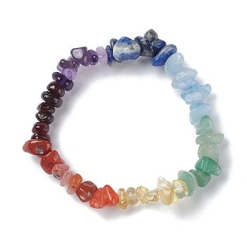 Kids 7 Chakra Natural Mixed Stone Chip Beads Stretch Bracelet with Heart, Inner Diameter: 1-3/4~2 inch(4.5~5cm)