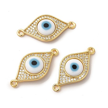 Rack Plating Real 18K Gold Plated Brass Micro Pave Clear Cubic Zirconia Connector Charms, Evil Eye Links with Handmade Lampwork, Cadmium Free & Lead Free, Long-Lasting, White, 13x27x4mm, Hole: 1.5mm