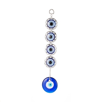 Handmade Lampwork & Resin Evil Eye Pendant Decorations, with CCB Plastic Finding, Iron Ring and Chain, Antique Silver & Platinum, 260mm, Hole: 13x10mm