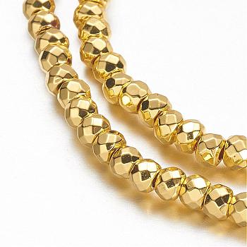 Non-magnetic Synthetic Hematite Beads Strands, Grade A, Faceted, Rondelle, Golden Plated, 3x2mm, Hole: 1mm, about 184pcs/strand, 15.7 inch