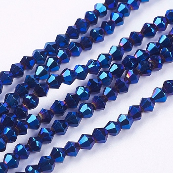 Chapelets de perles en verre galvanoplastique, facette, Toupie, bleu royal, 4x4mm, Trou: 1mm, Environ 92~96 pcs/chapelet, 13.78~14.37 pouce.