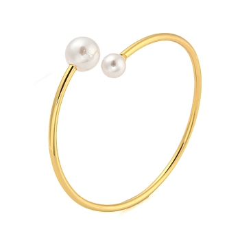 Rack Plating Brass & Round ABS Plastic Imitation Pearl Open Cuff Bangles, Long-Lasting Plated, Lead Free & Cadmium Free, Real 18K Gold Plated, Inner Diameter: 2-1/2 inch(6.3cm)