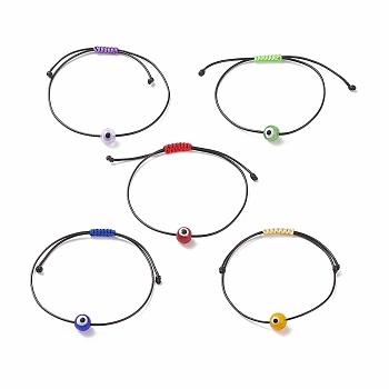 5Pcs 5 Colors Lampwork Round Evil Eye Braided Bead Bracelets Set for Women, Mixed Color, Inner Diameter: 3/8~2-7/8 inch(1~7.4cm), 1Pc/color