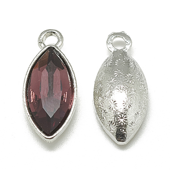 Alloy Glass Pendants, Faceted, Horse Eye, Platinum, Dark Red, 20x9x5mm, Hole: 1.5mm