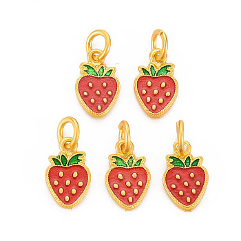20Pcs Rack Plating Alloy Enamel Charms, with Jump Rings, Cadmium Free & Nickel Free & Lead Free, Matte Gold Color, Strawberry, Red, 13x8x2mm, Jump Ring: 6x1mm, 3.5mm inner diameter