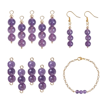 10Pcs Triple Natural Amethyst Round Beaded Connector Charms, with Golden 304 Stainless Steel Ball Head Pins & Iron Eye Pin & Brass Beads, 30~30.3x8mm, Hole: 2mm